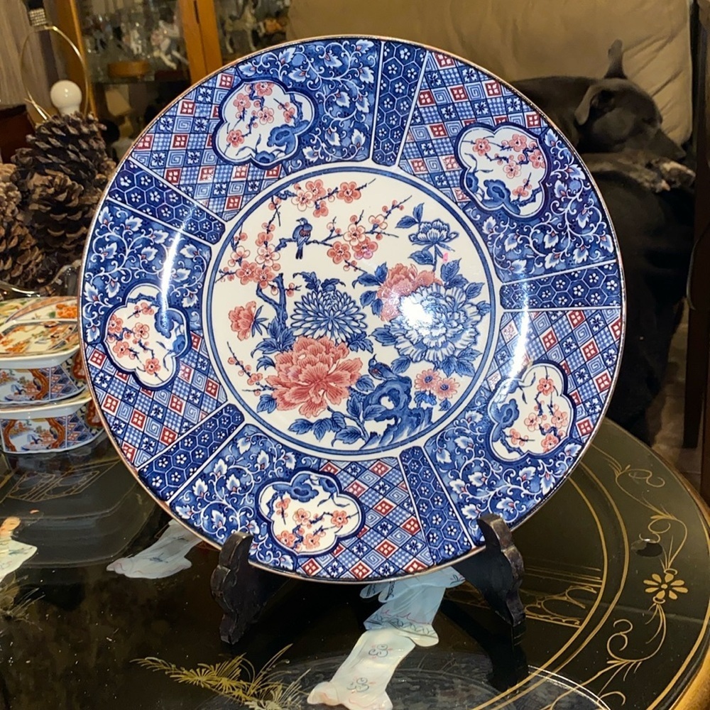 BX39 Rare Japanese Arita Ware Blue White Charger Pink White Chrysanthemums Plate